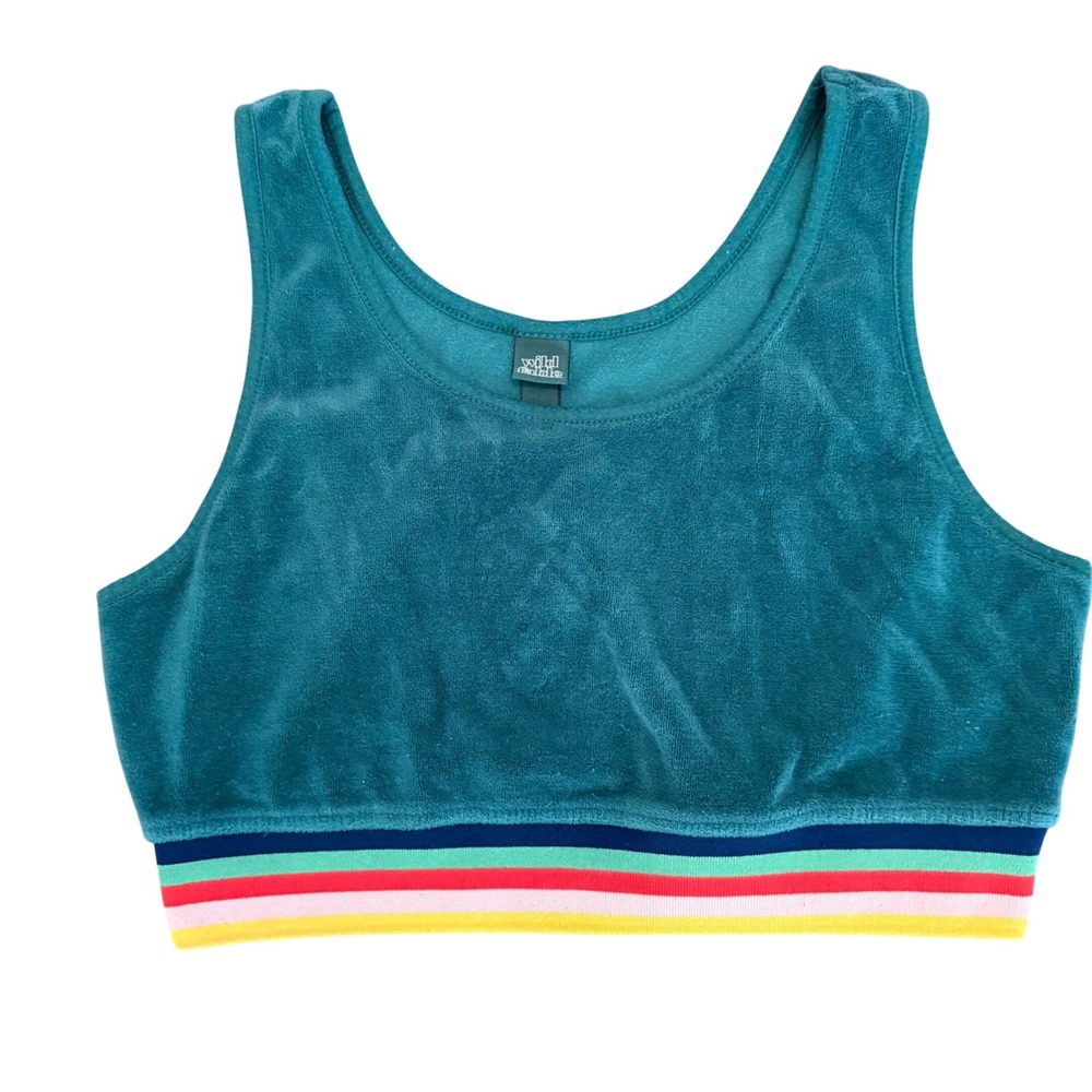 Wild Fable Teal Green Velour Crop Top Rainbow Striped Hem Womens Medium RN17730